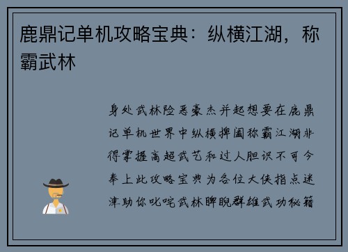 鹿鼎记单机攻略宝典：纵横江湖，称霸武林