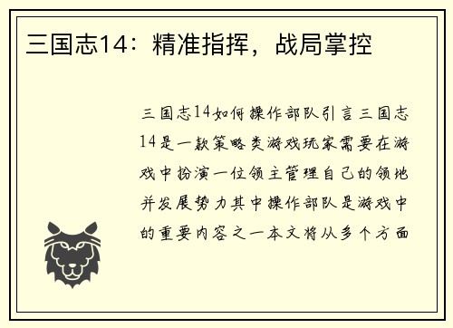 三国志14：精准指挥，战局掌控